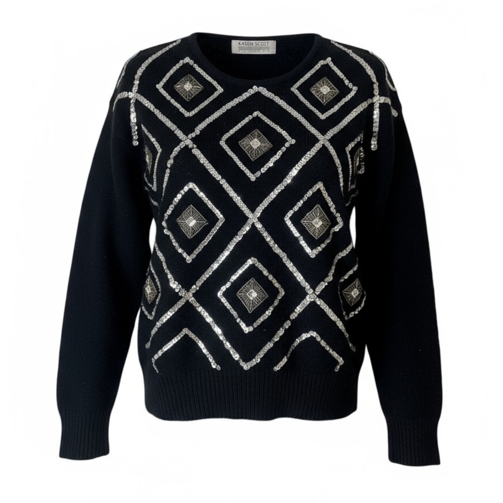 Vintage Karen Scott Petites Black Silk Angora Blend Sequin Beaded Sweater Black
